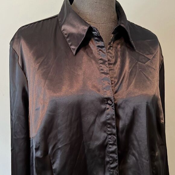 George Stretch Women's Black Long Sleeve Soft Silky Button Up Blouse Large - Picture 2 of 8
